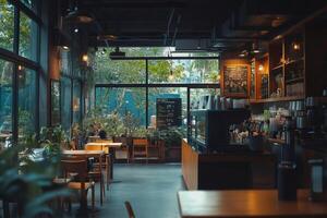 Modern coffee shop interior with greenery and cozy seating photo