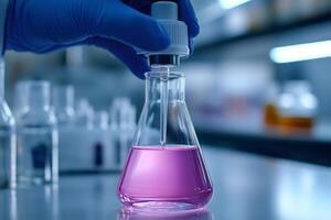 Scientist adding reagent to erlenmeyer flask containing purple liquid in laboratory photo