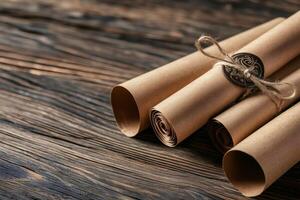 Old rolled paper scrolls tied with string and wax seal on rustic wooden table photo