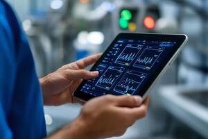 Engineer using touchscreen tablet, monitoring production line data visualization in factory photo