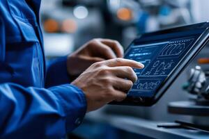 Industrial engineer using touchscreen tablet computer in factory. Monitoring production line efficiency and output photo