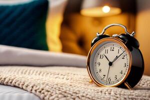 Retro alarm clock displaying time on cozy bed cover in bedroom photo
