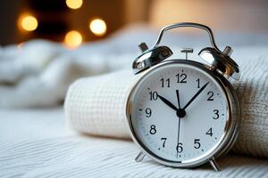 Silver alarm clock showing nine o'clock on bed with blanket and bokeh lights photo