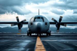Military transport aircraft standing on runway with rotating propellers photo