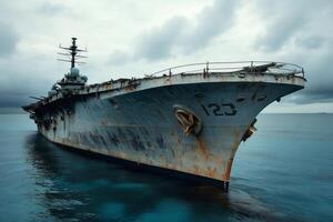 Abandoned aircraft carrier rusting in the ocean under a cloudy sky photo