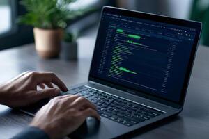 Programmer writing html and css code on a laptop computer photo
