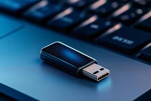 Usb flash drive resting on laptop keyboard, embracing digital data storage photo