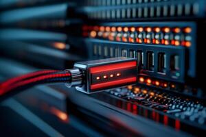 Futuristic cable connecting to server with red lights, establishing network connection in data center photo