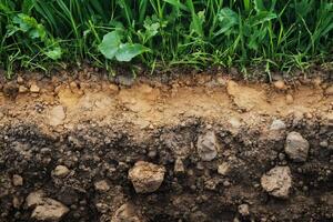 Soil layers showing grass roots and different textures of earth photo