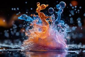 Colorful liquid splashing and creating an abstract shape with bubbles photo