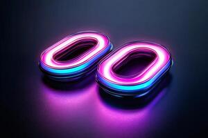 Two glowing purple and blue neon zero digits resting on reflective surface photo