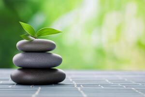 Stack of smooth grey stones balancing with green leaf on top symbolizing growth photo