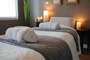 Rolled white towels resting on massage table in spa room with candles burning photo