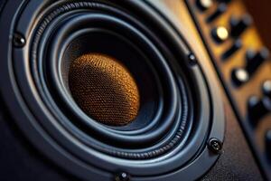 Audio speaker cone vibrating and playing music on a professional monitor photo