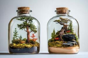 Two glass jars containing miniature ecosystems with bonsai trees and moss growing inside photo