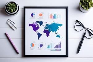 Global business strategy planning using world map and data charts photo
