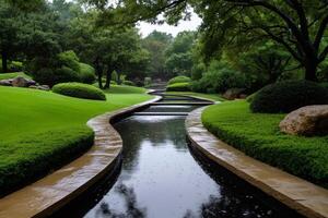 Rain falling on a winding stream in a lush green park photo