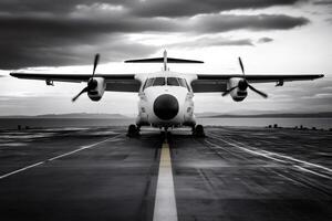 Turboprop airplane parked on airstrip under cloudy sky photo
