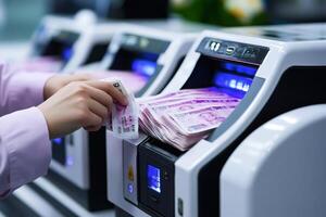 Bank teller counting chinese yuan banknotes using money counting machine photo