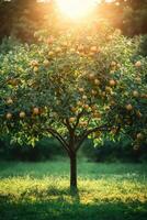 Apple tree full of fruits ripening at sunset in an orchard photo