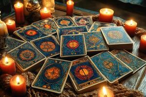 Fortune teller desk covered with esoteric tarot cards and lit candles photo