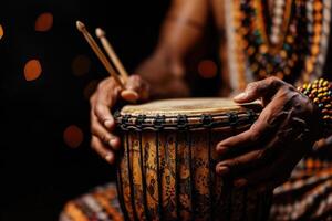 Man plays musical percussion instrument with sticks closeup on a black background, a musical concept with the working drum, beautiful lighting on the stage.. . photo