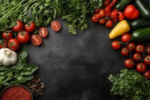 Fresh vegetables and herbs creating a frame on dark background photo