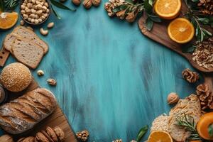 Healthy food frame on turquoise rustic background with copy space photo