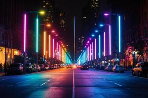 Colorful illuminated street lights creating a vibrant urban nightscape photo
