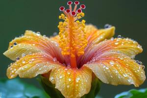 Close-up of dewy hibiscus rosa-sinensis showing its colorful pistil and petals photo