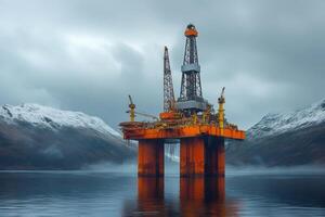 Offshore oil rig extracting petroleum in a fjord with snowy mountains in the background photo