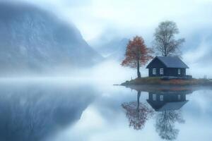 Small wooden house reflecting on a misty lake in the austrian alps during autumn photo