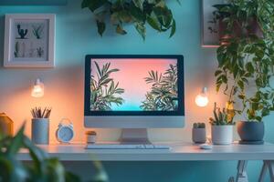 Cozy home office setup with computer and plants creating relaxing atmosphere photo