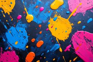 Colorful paint splattering on dark background creating abstract design photo