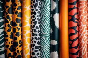 Colorful fabrics showing various animal prints creating a lively display photo
