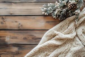 Cozy knitwear, pine cones, and snowy branches creating winter atmosphere on rustic wooden table photo