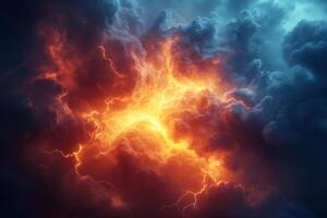 Lightning storm illuminating dramatic clouds at night photo