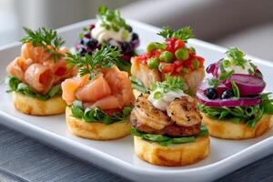 Delicious canapes with salmon, shrimps, vegetables and berries decorating a festive table photo
