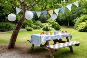 Picnic table with snacks and colorful cups under a tree decorated with lanterns and bunting photo