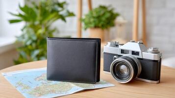Wallet, map and camera resting on table suggesting upcoming travel plans photo