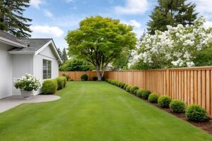 Lush green grass and well-maintained landscaping create a peaceful backyard retreat photo