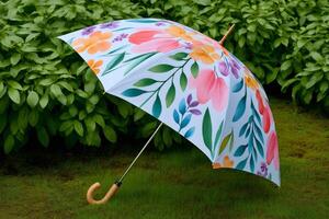 Stylish umbrella with floral print resting on green grass in a garden photo