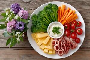 Vegetable Platter with Dip, Cheese, and Cured Meat, Perfect for Sharing photo
