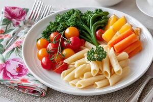Penne pasta with vegetables creating a healthy and colorful dish photo