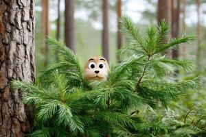 Cartoon gopher hiding behind pine branches in a sunny forest photo