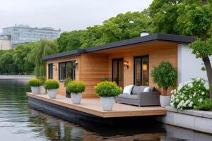 Modern floating house with large terrace and sofa on a river or lake photo