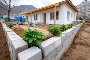 Building a small white modular house with wooden porch and concrete block fence photo