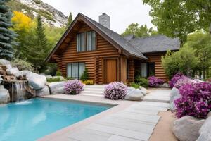 Luxurious log cabin with pool and waterfall surrounded by flowers and trees photo