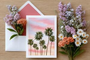 Watercolor painting of palm trees at sunset on greeting card with envelope and flowers photo