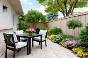 Enjoying relaxing backyard patio with table, chairs and beautiful landscaping photo